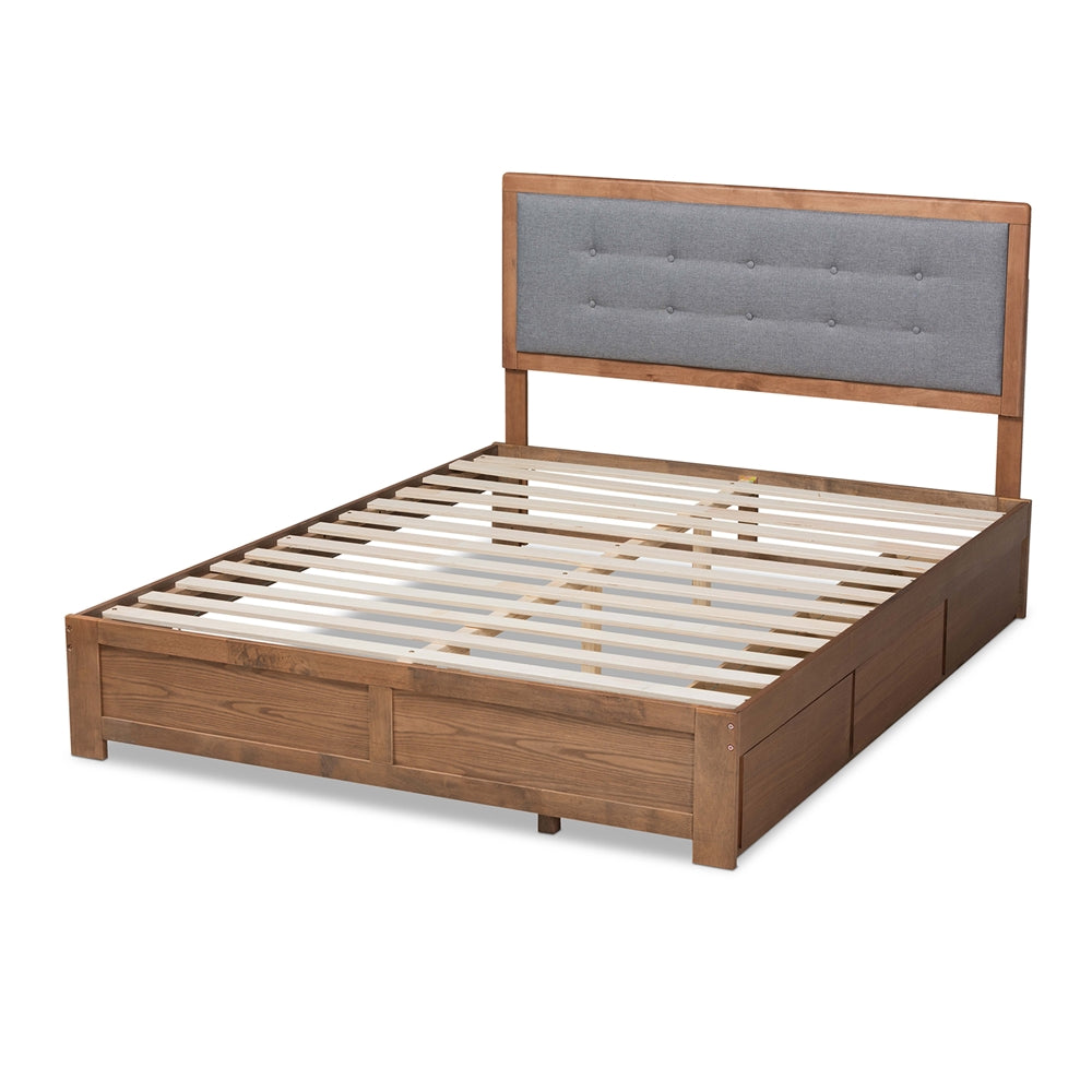 Lene Queen Bed Grey Fabric, Walnut Finish with 3-Drawer Storage