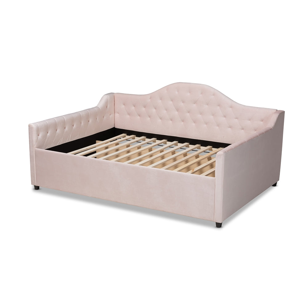 Perry Queen Size Daybed Light Pink Velvet Tufted Upholstery