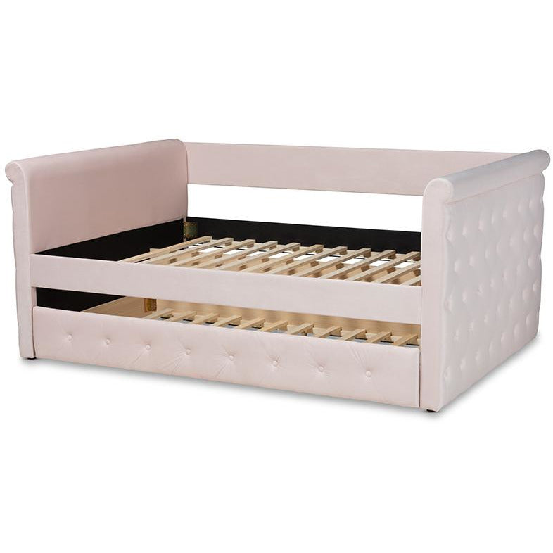 Amaya Light Pink Velvet Fabric Upholstered Full Size Daybed With Trundle