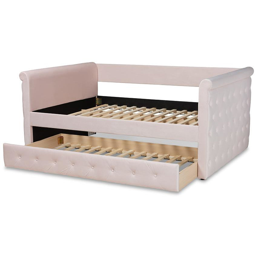 Amaya Light Pink Velvet Fabric Upholstered Full Size Daybed With Trundle