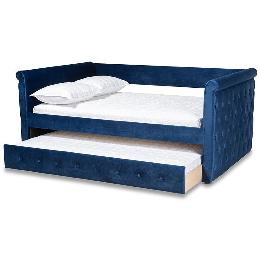 Amaya Navy Blue Velvet Fabric Upholstered Queen Size Daybed With Trundle