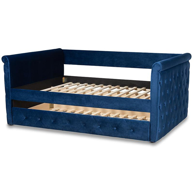 Amaya Navy Blue Velvet Fabric Upholstered Queen Size Daybed With Trundle