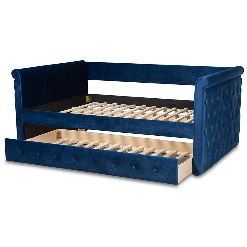 Amaya Navy Blue Velvet Fabric Upholstered Queen Size Daybed With Trundle