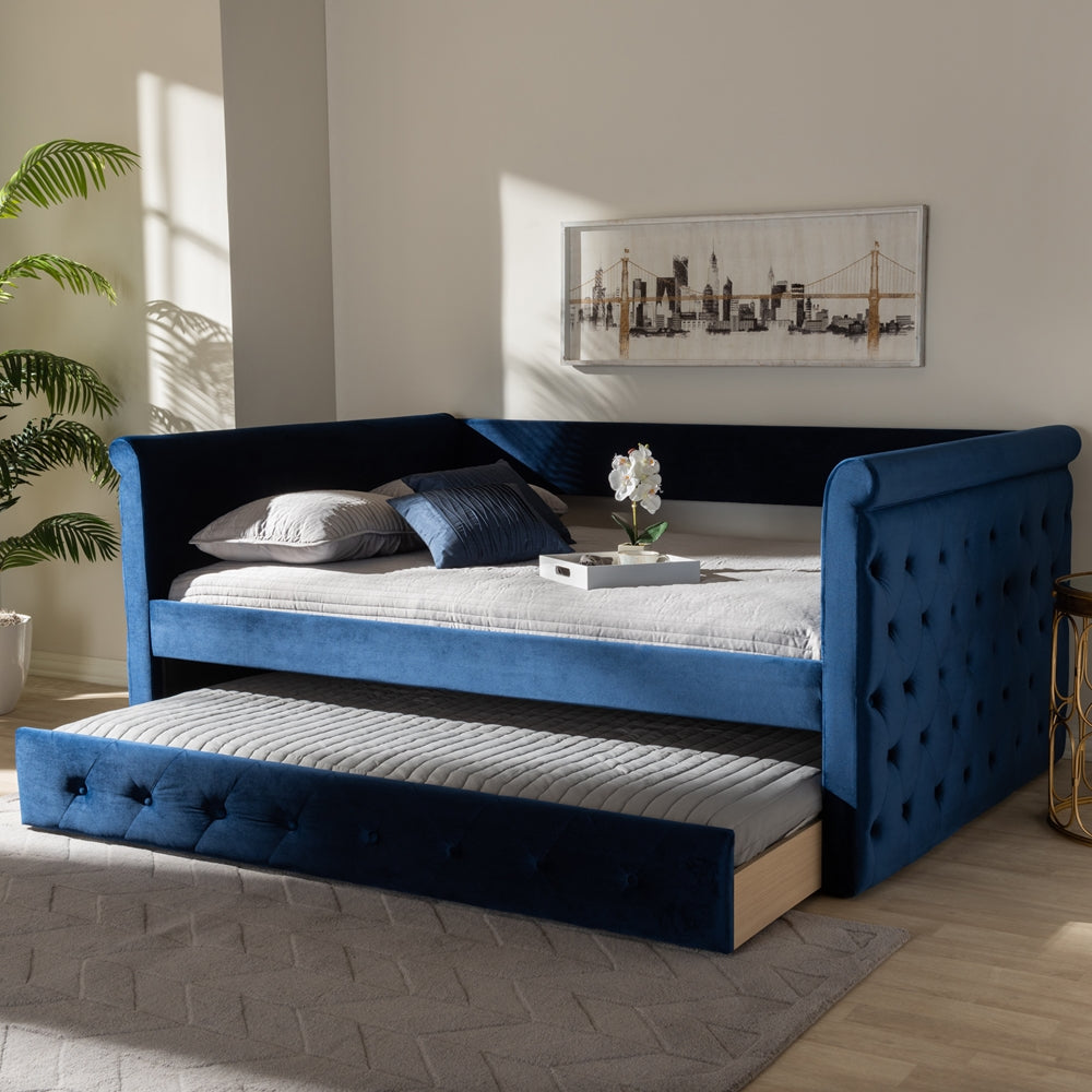 Amaya Navy Blue Velvet Fabric Upholstered Queen Size Daybed With Trundle