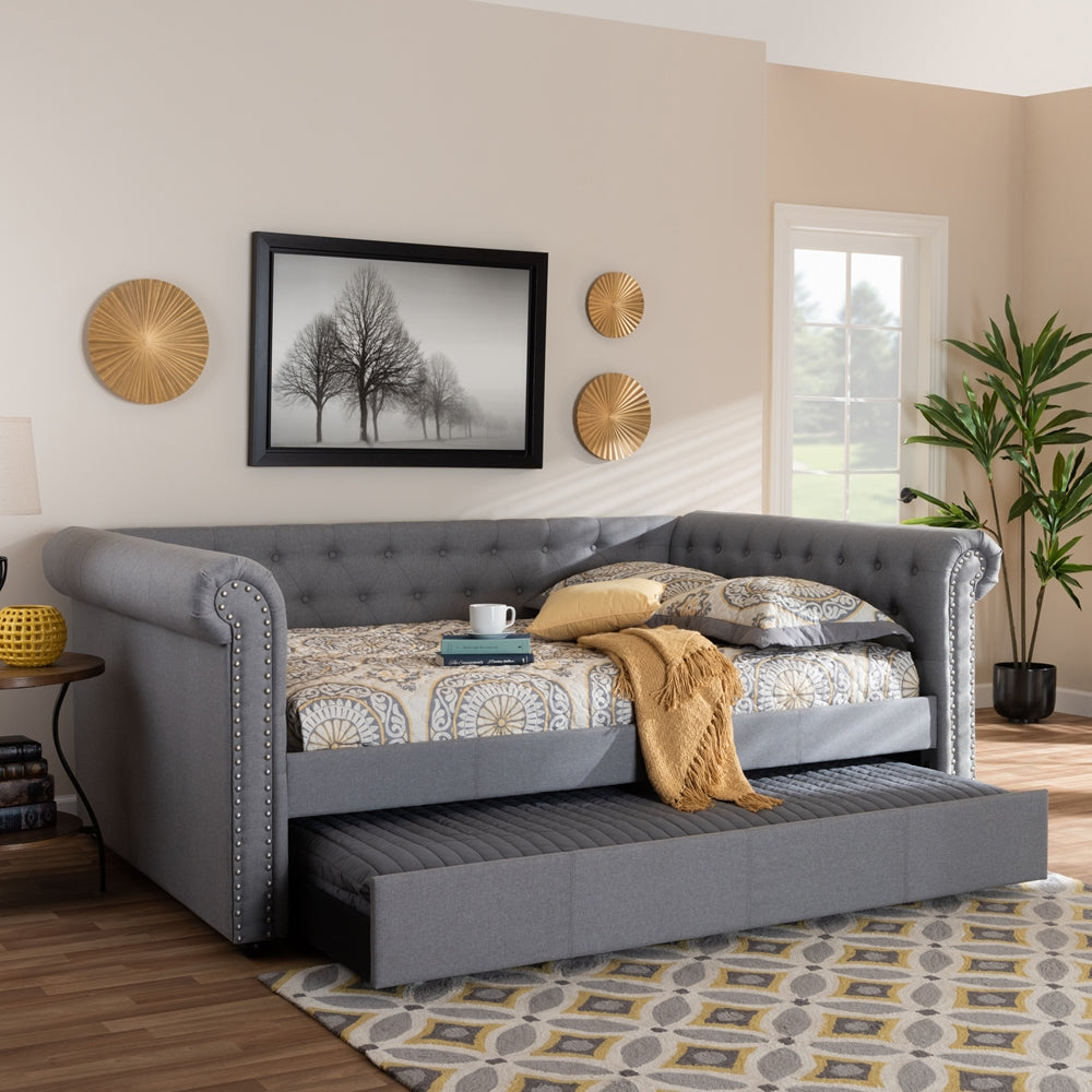 Mabelle Grey Fabric Upholstered Queen Size Daybed with Trundle