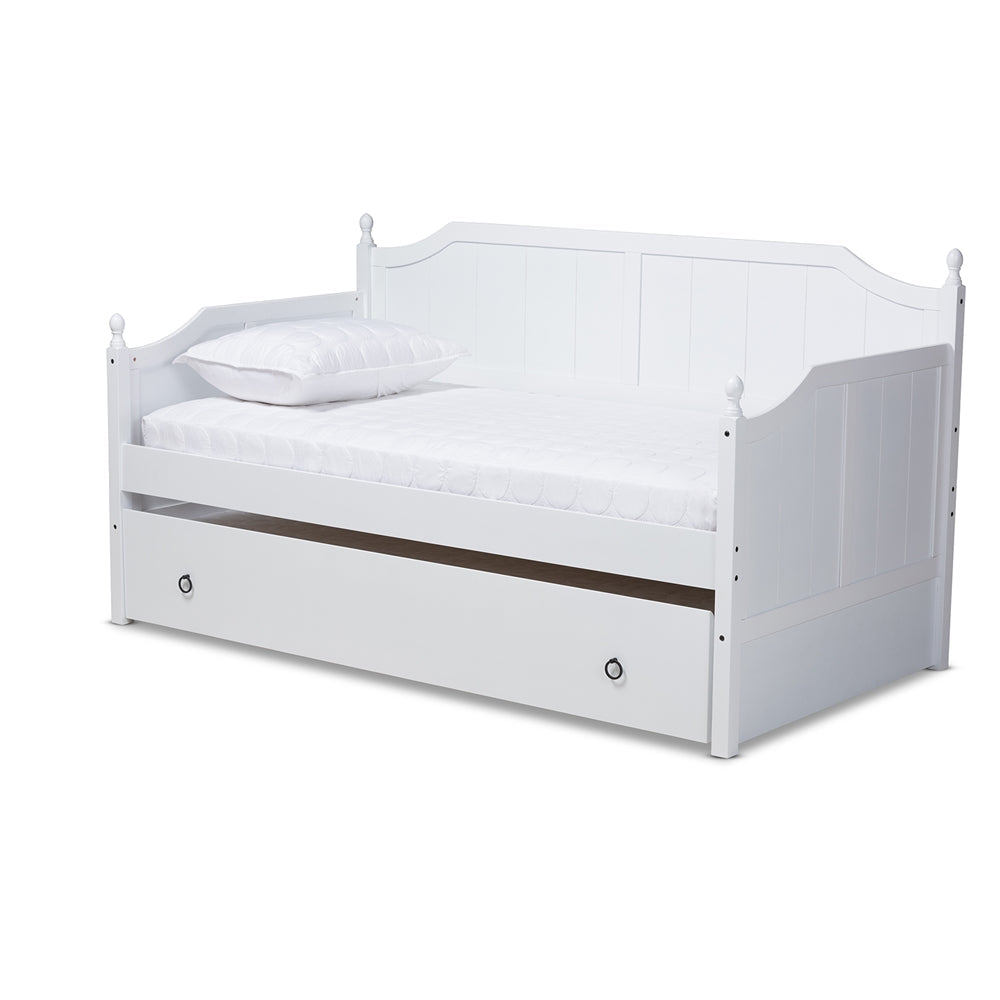 Millie Cottage Farmhouse White Finished Wood Full Size Daybed With Trundle