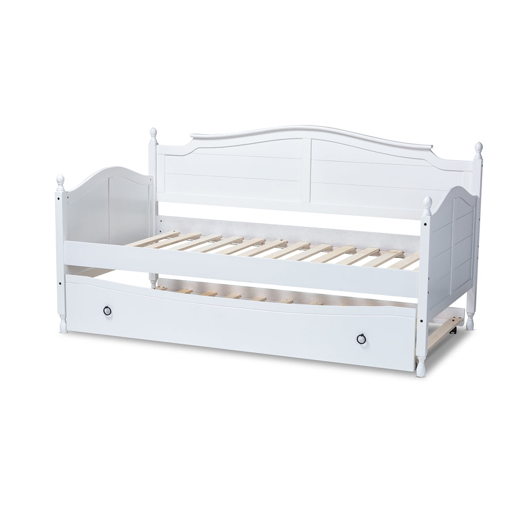 Mara Twin Size Daybed White Wood Cottage Farmhouse Style with Trundle