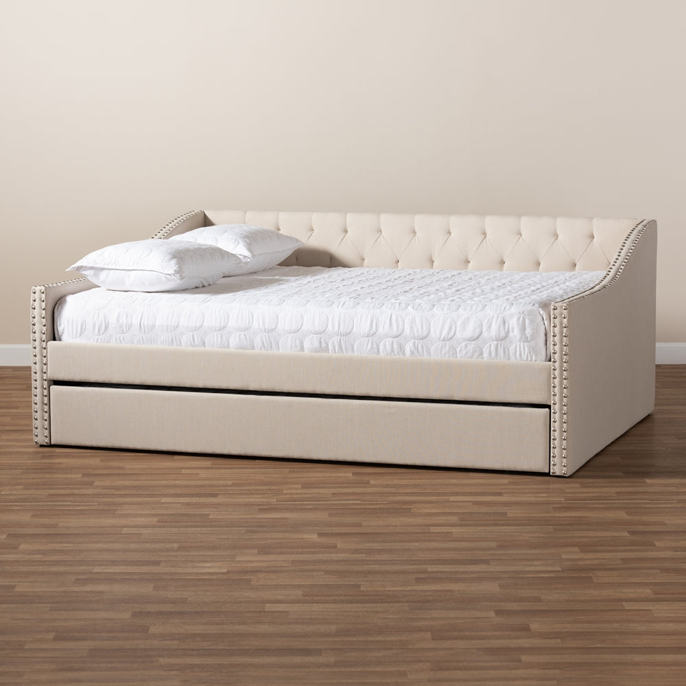 Haylie Beige Fabric Upholstered Queen Size Daybed with Roll-Out Trundle Bed