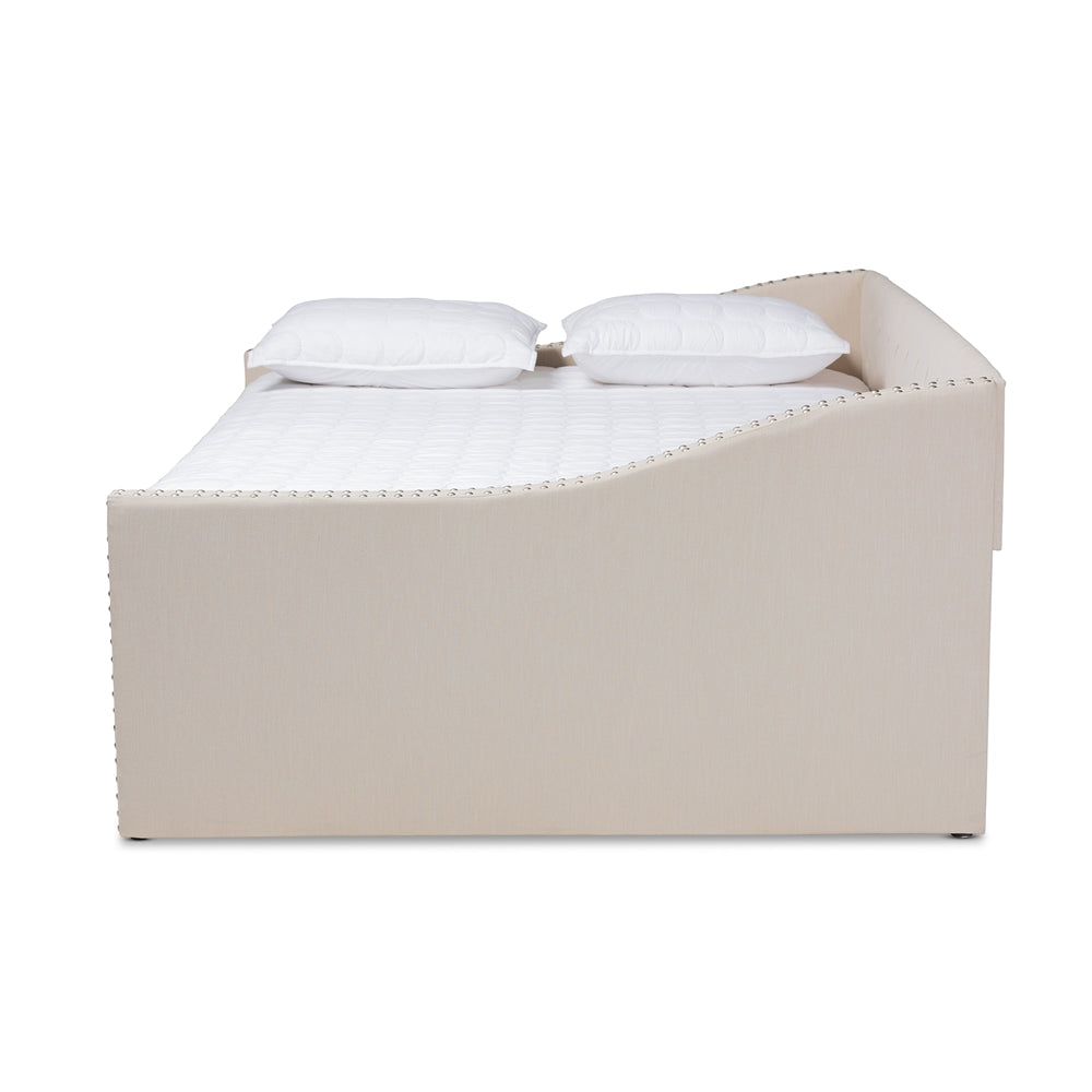 Haylie Beige Fabric Upholstered Queen Size Daybed with Roll-Out Trundle Bed