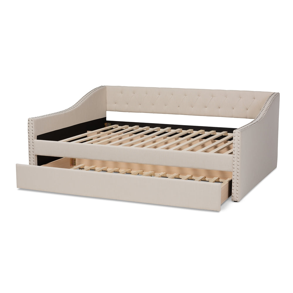 Haylie Beige Fabric Upholstered Queen Size Daybed with Roll-Out Trundle Bed