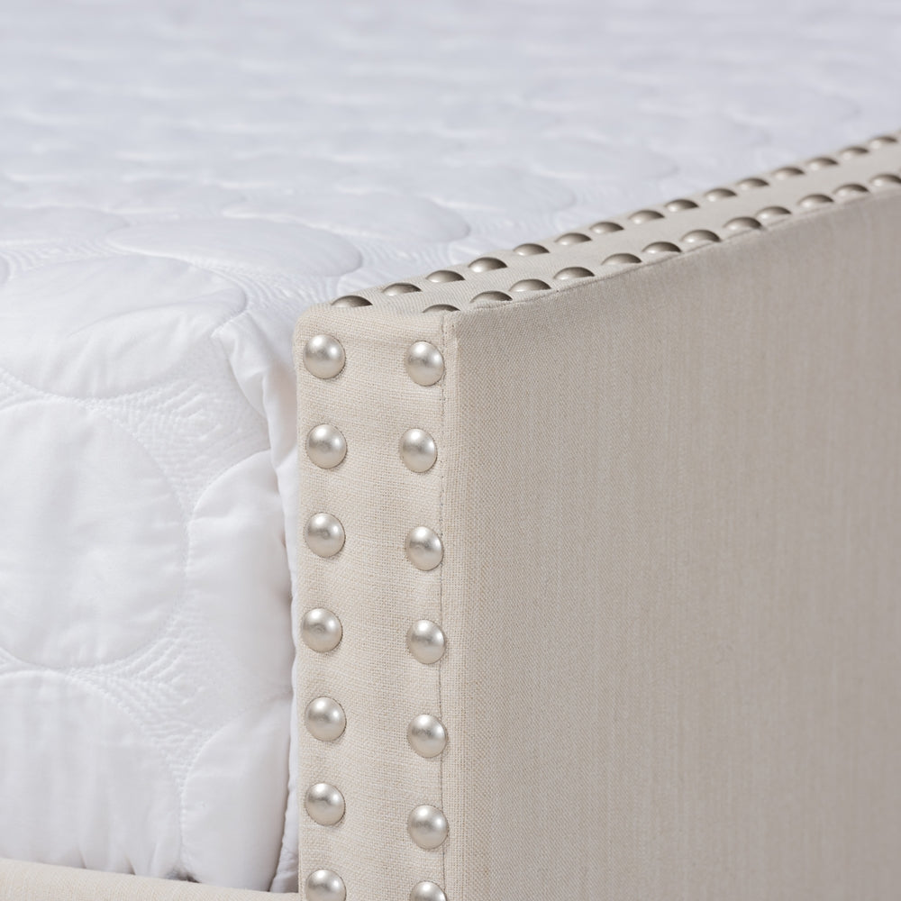 Haylie Beige Fabric Upholstered Queen Size Daybed with Roll-Out Trundle Bed