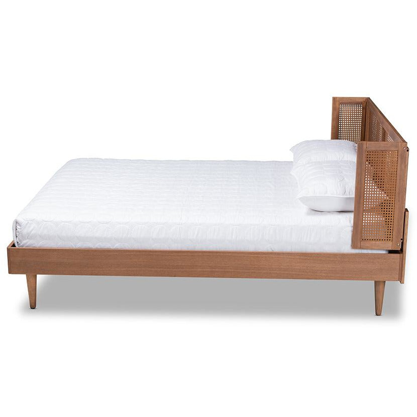 Rina Mid-Century Ash Walnut Wood and Synthetic Rattan Queen Size Platform Bed