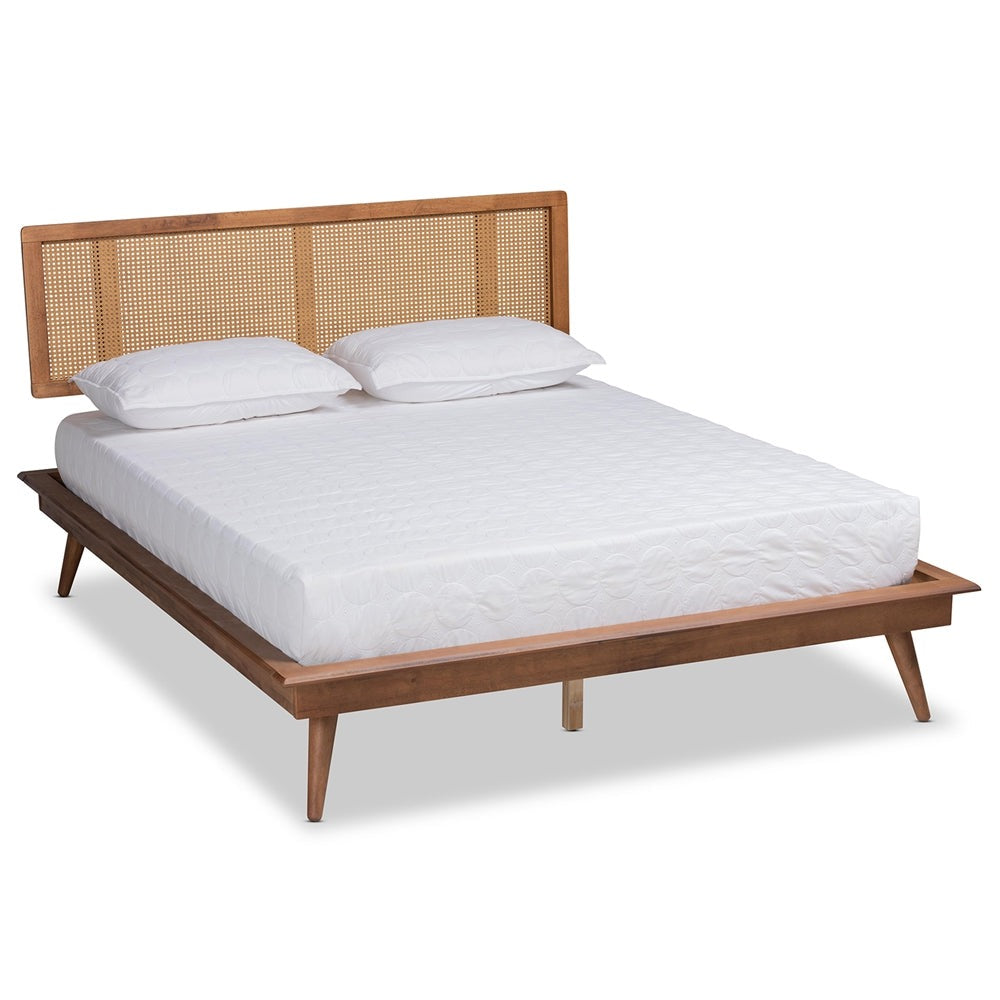 Nura Walnut Brown Finished Wood and Synthetic Rattan King Size Platform Bed