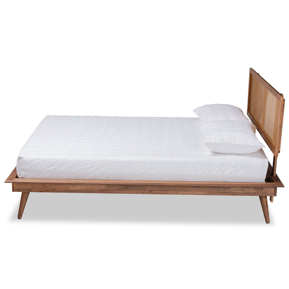 Nura Walnut Brown Finished Wood and Synthetic Rattan Queen Size Platform Bed