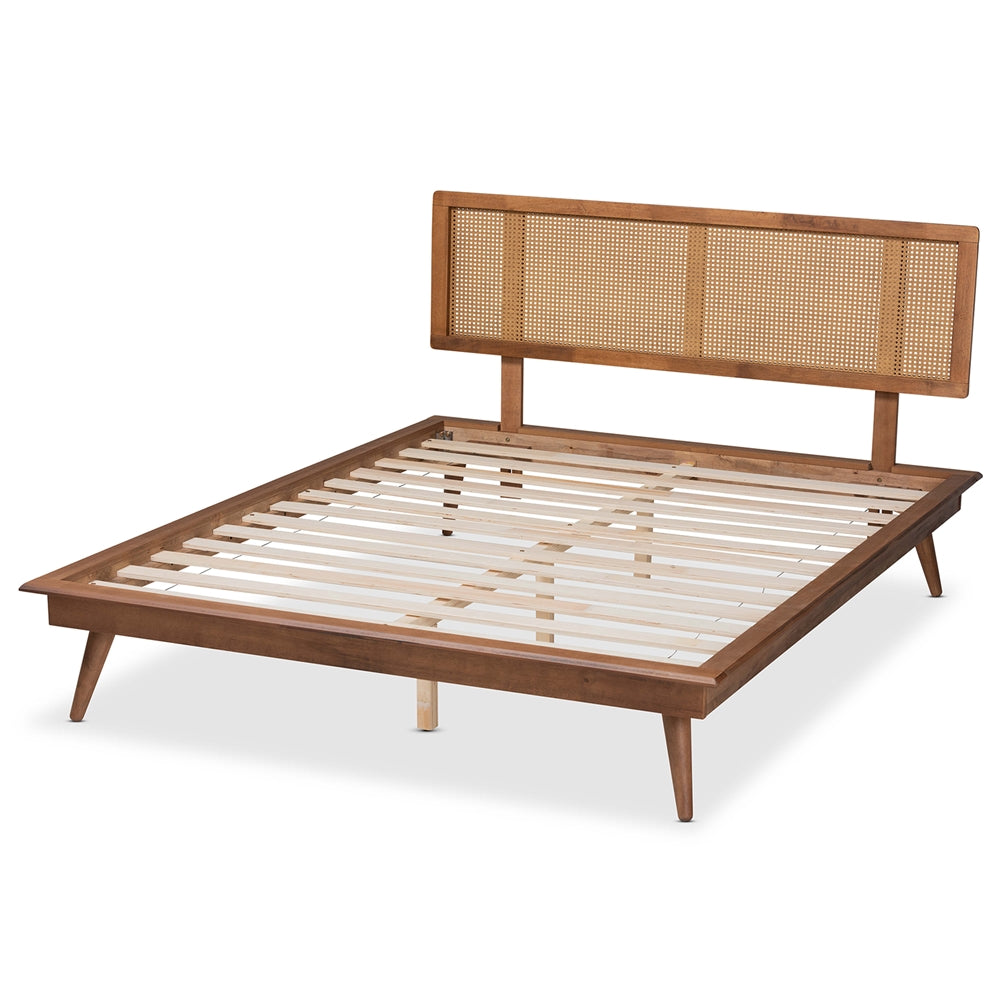 Nura Walnut Brown Finished Wood and Synthetic Rattan Queen Size Platform Bed