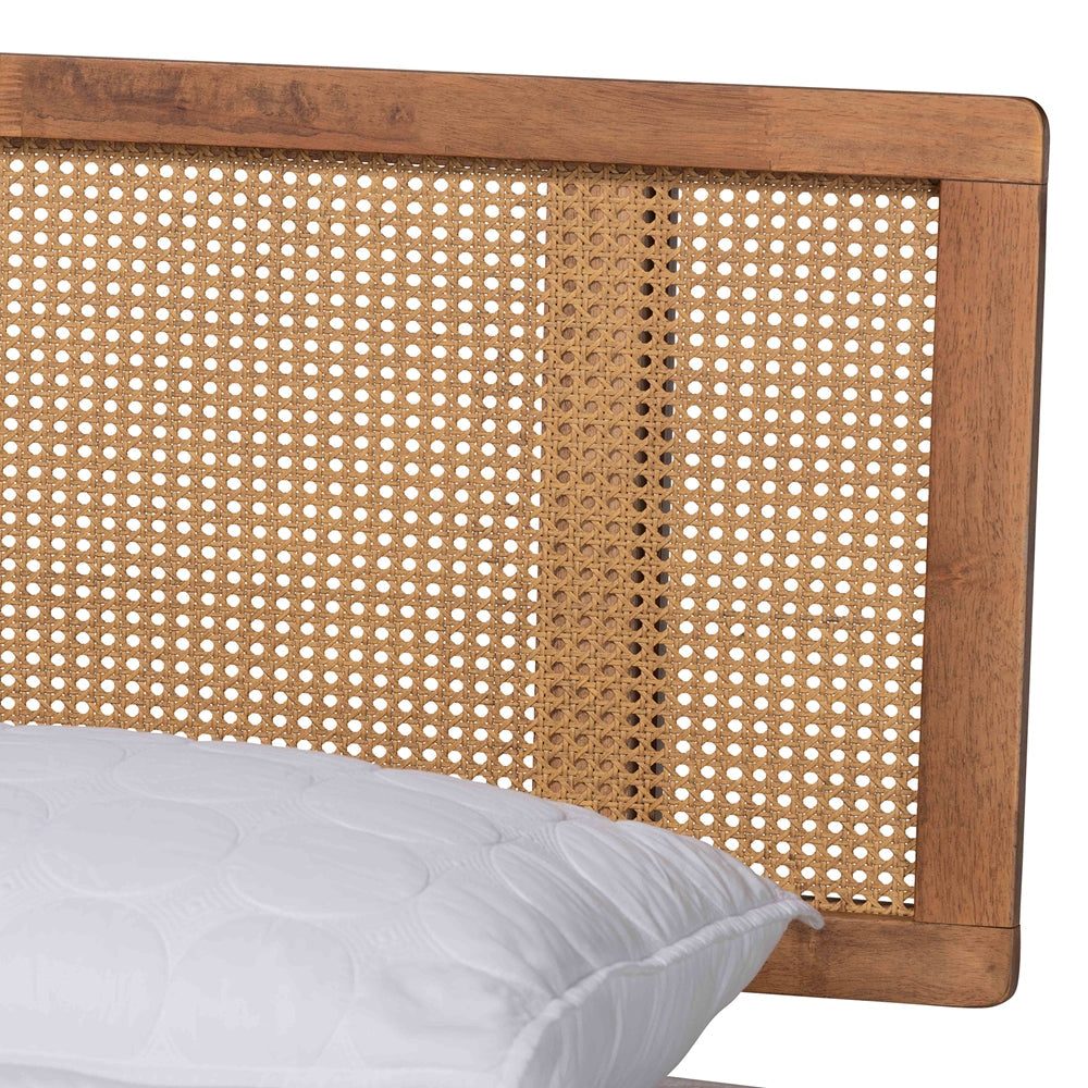Nura Walnut Brown Finished Wood and Synthetic Rattan King Size Platform Bed