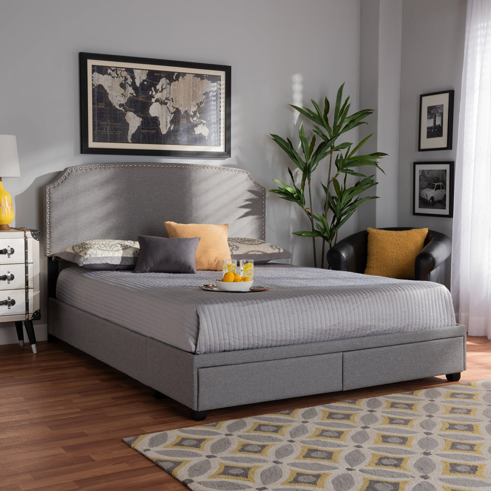 Larese Light Grey Fabric Upholstered 2-Drawer King Size Platform Storage Bed