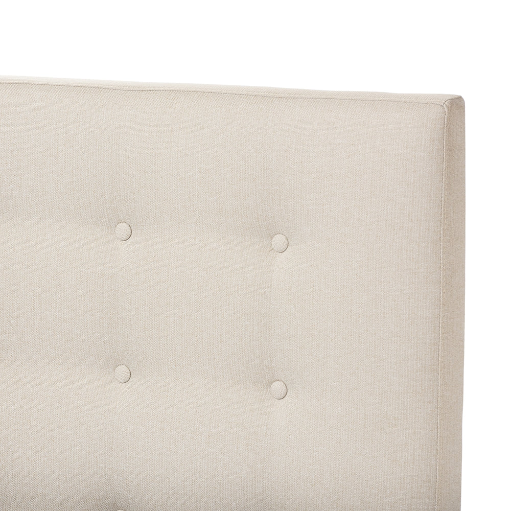 Alinia Collection Queen Size Platform Bed – Light Beige Upholstered Walnut Frame, Modern Mid-Century Look
