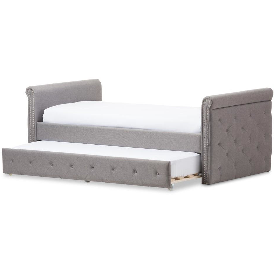 Swamson Grey Fabric Tufted Twin Size Daybed With Roll-Out Trundle Guest Bed