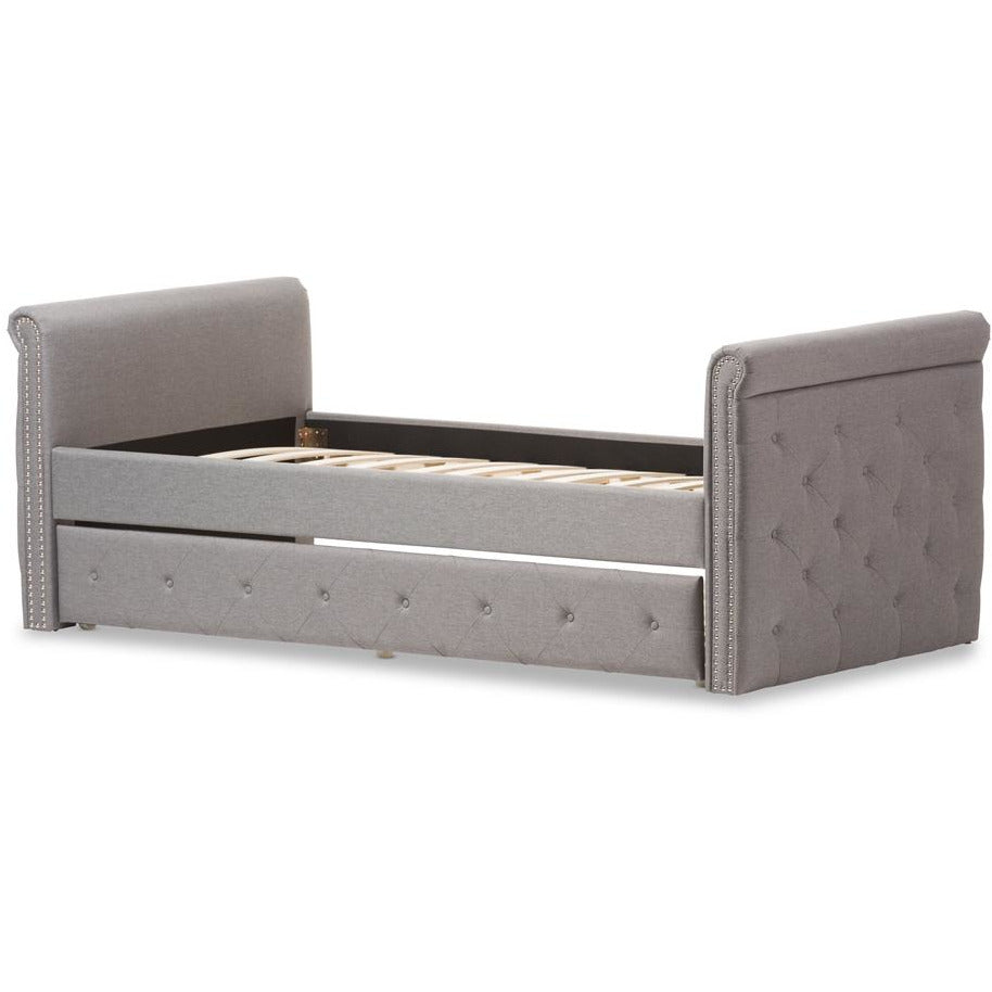 Swamson Grey Fabric Tufted Twin Size Daybed With Roll-Out Trundle Guest Bed