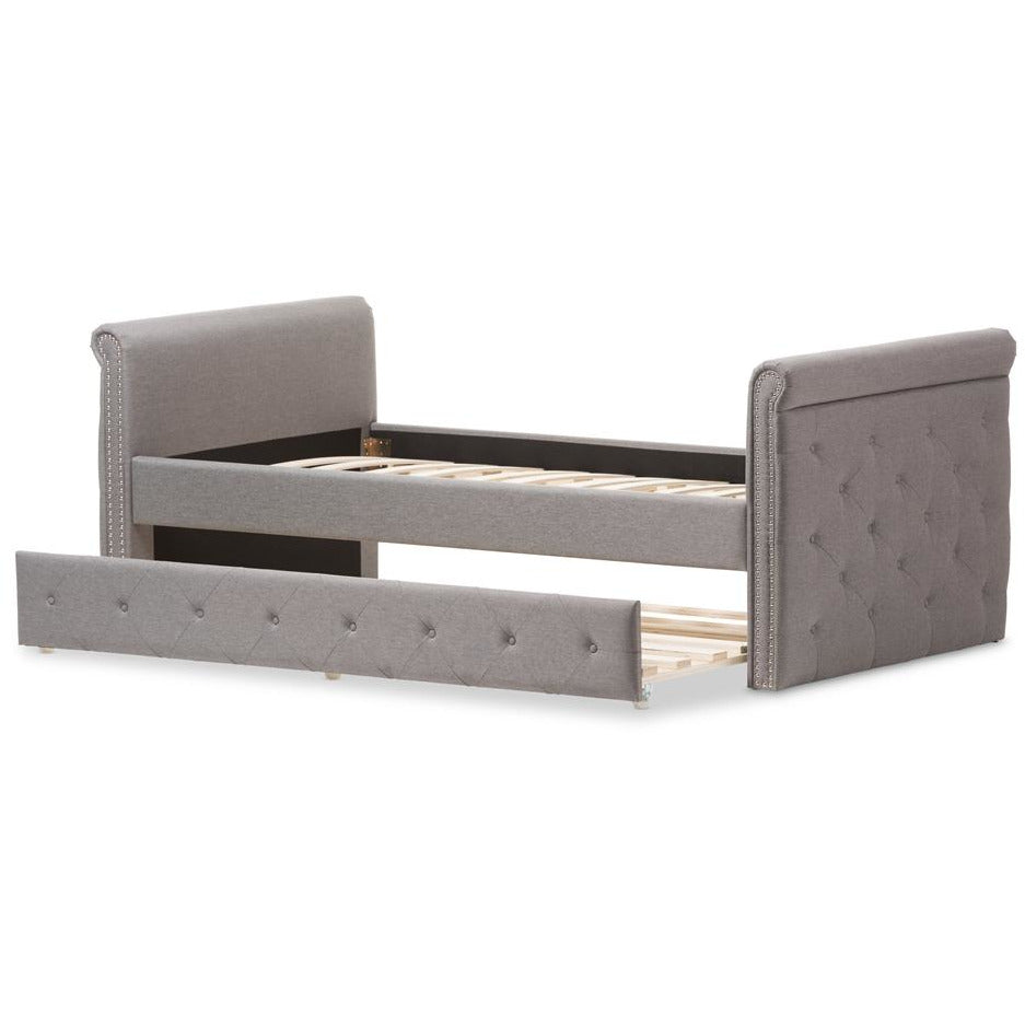 Swamson Grey Fabric Tufted Twin Size Daybed With Roll-Out Trundle Guest Bed