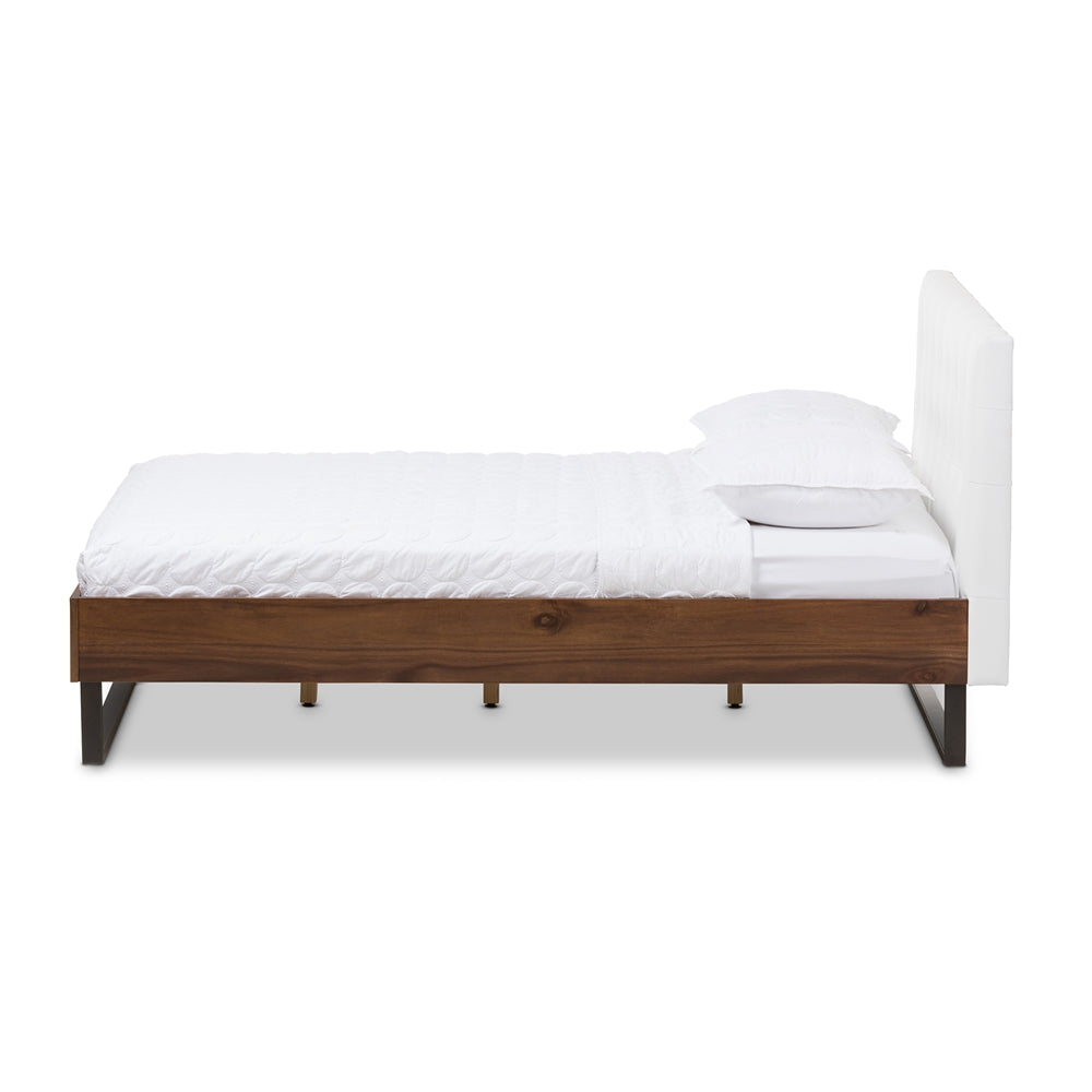 Mitchell White Faux Leather Dark Bronze Metal Queen Size Platform Bed
