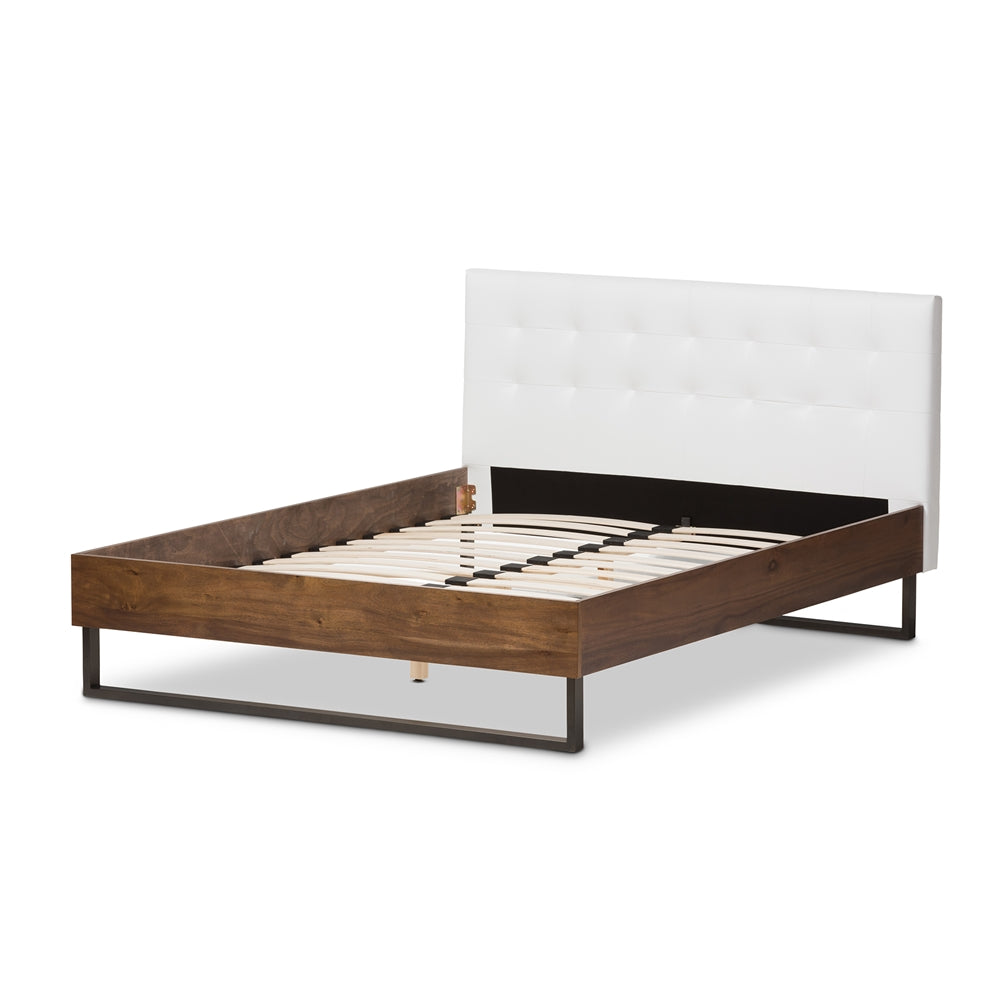 Mitchell White Faux Leather Dark Bronze Metal Queen Size Platform Bed