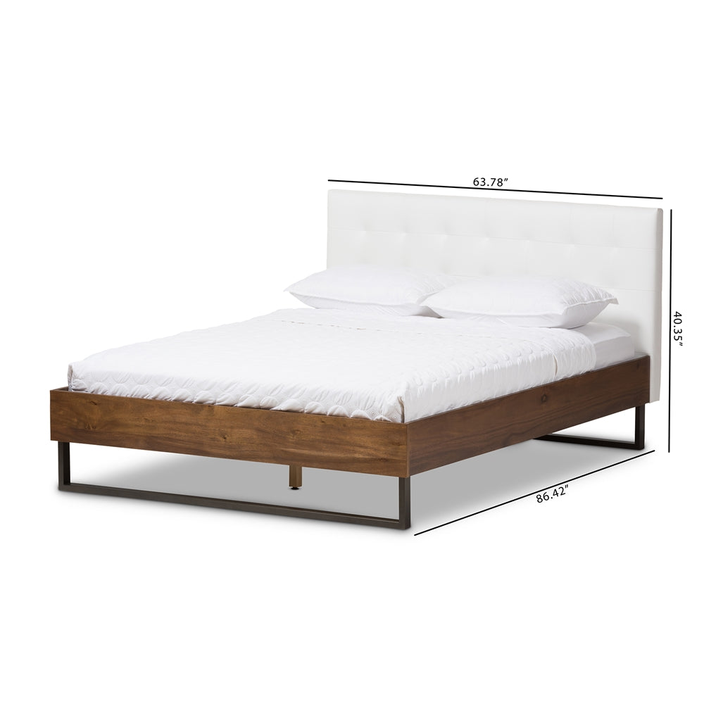 Mitchell White Faux Leather Dark Bronze Metal Queen Size Platform Bed
