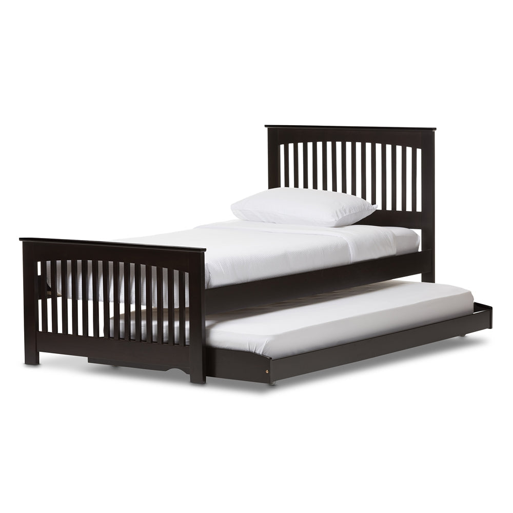 Hevea Twin Size Dark Brown Solid Wood Platform Bed With Guest Trundle Bed