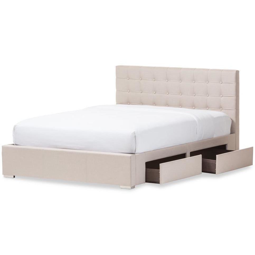 Rene Beige Fabric 4-Drawer Queen Size Storage Platform Bed