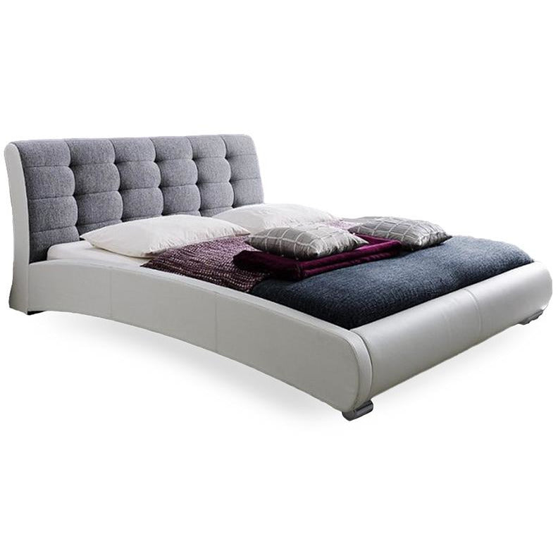 Guerin Two Tone Queen Size Platform Bed White Faux Leather/Grey Fabric