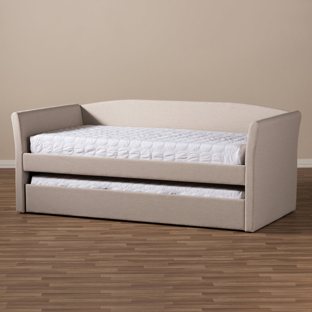 Camino Beige Fabric Upholstered Daybed With Guest Trundle Bed