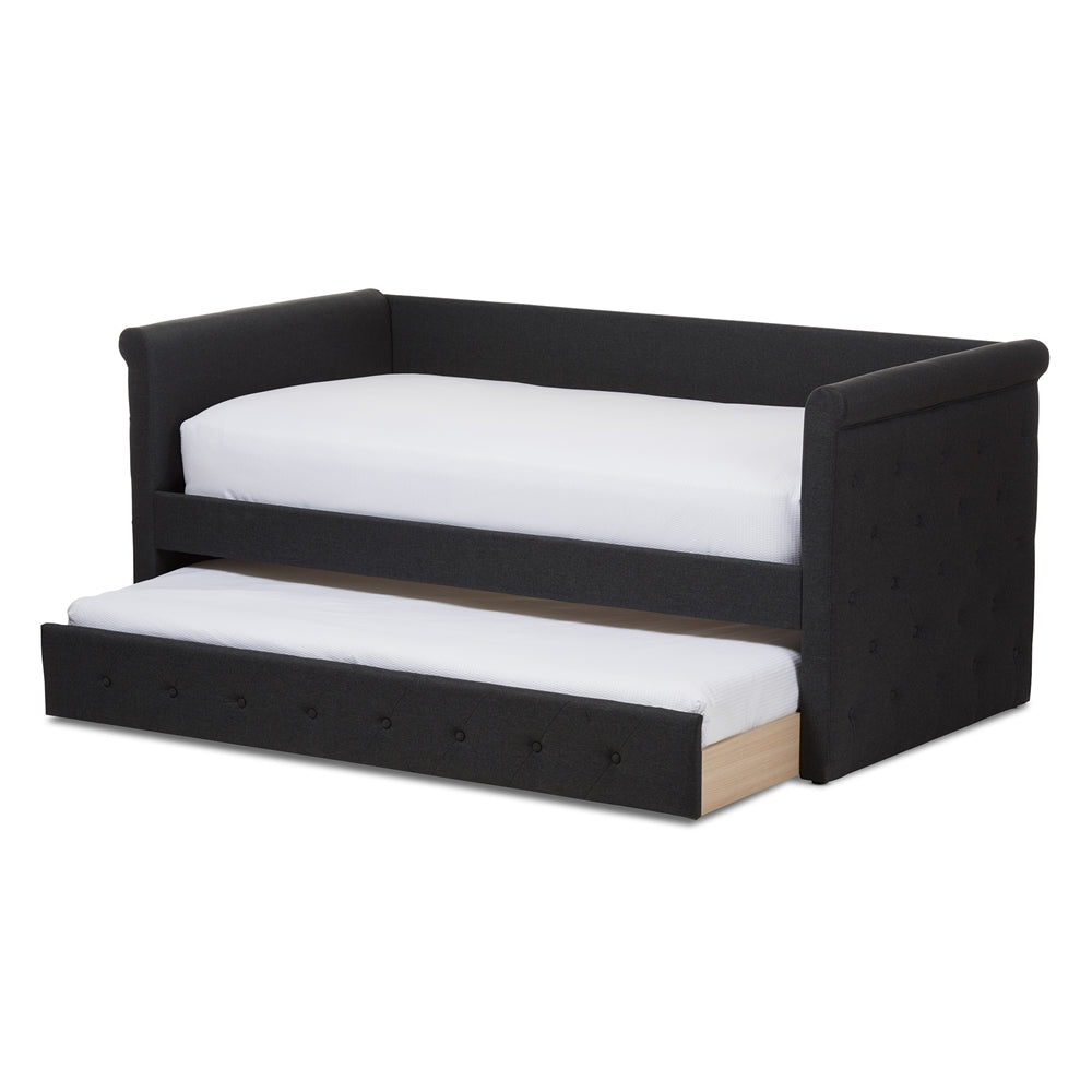 Narine Alena Twin Dark Grey Fabric Daybed – Modern Upholstered Frame with Pull-Out Trundle