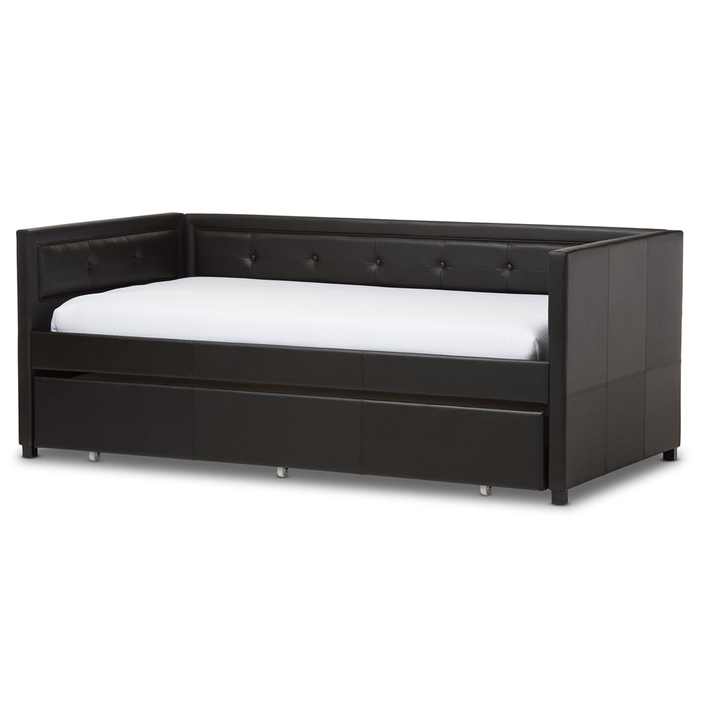 Frank Twin Daybed Black Faux Leather Modern Button-Tufted with Trundle
