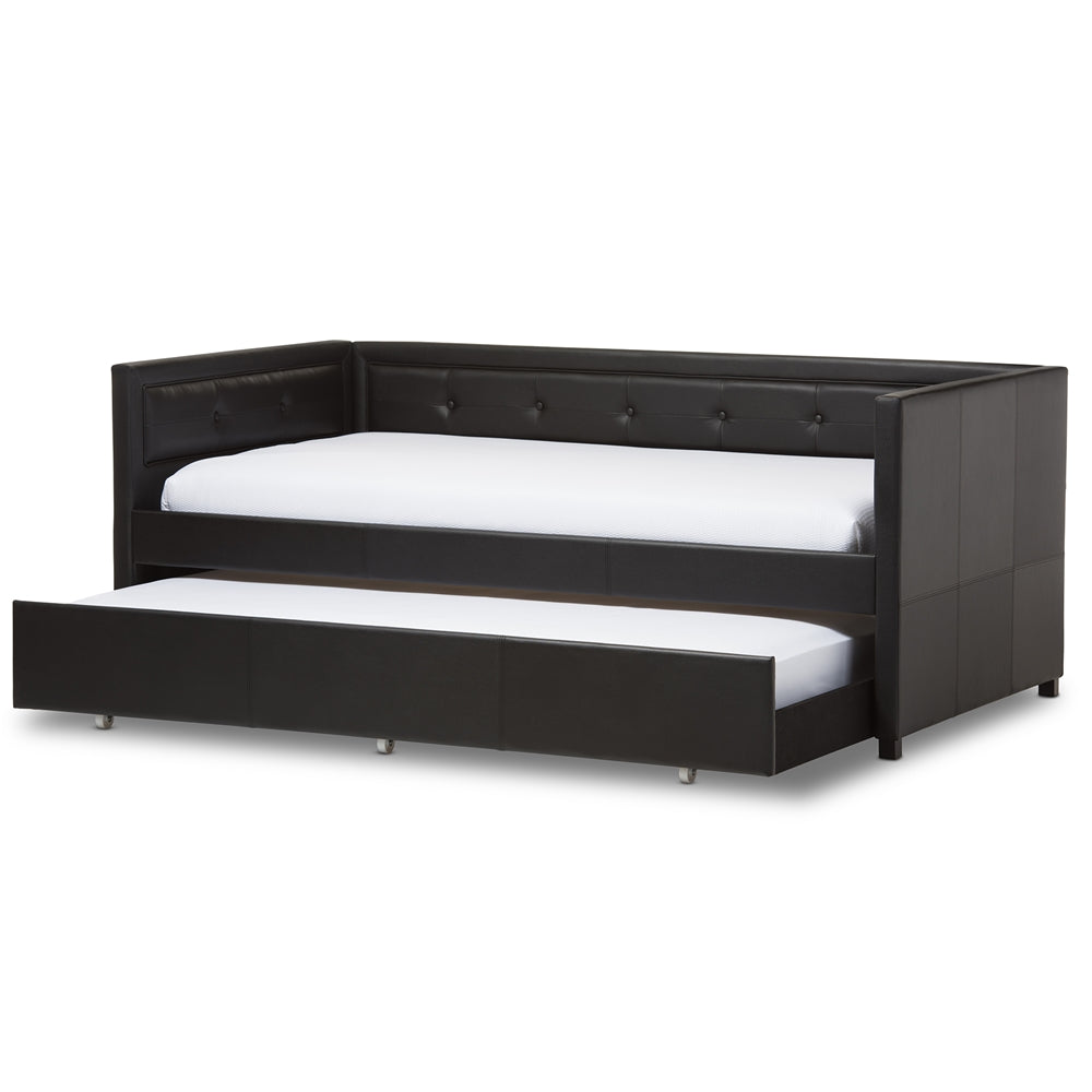 Frank Twin Daybed Black Faux Leather Modern Button-Tufted with Trundle