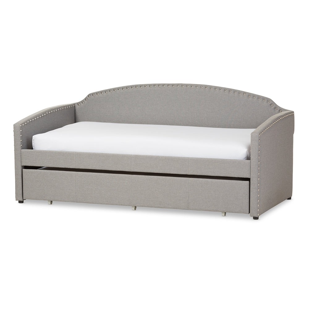 Lanny Twin Daybed Grey Fabric Nail Heads Trimmed with Trundle