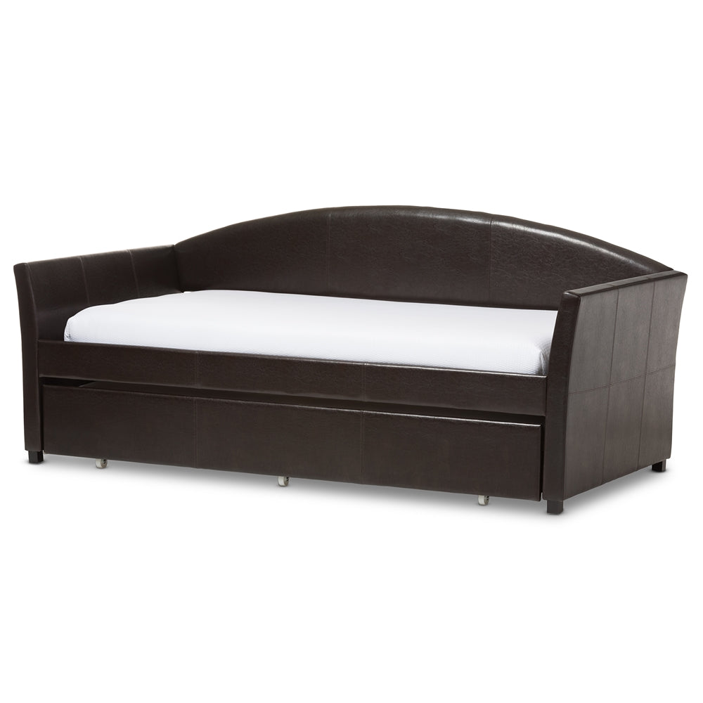 London Twin Daybed Brown Faux Leather, Modern Arched Back with Trundle
