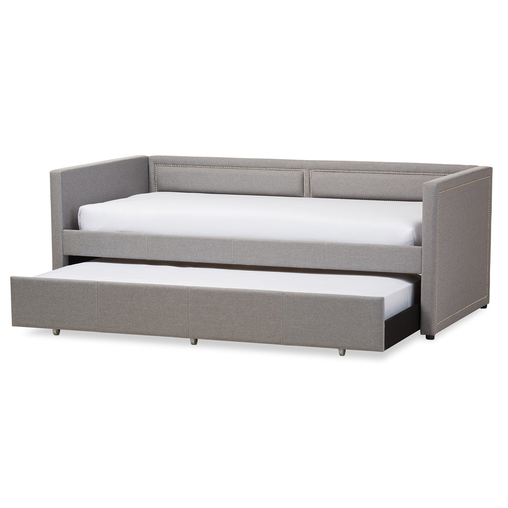 Raymond Twin Daybed Grey Fabric Nail Heads Trimmed with Trundle