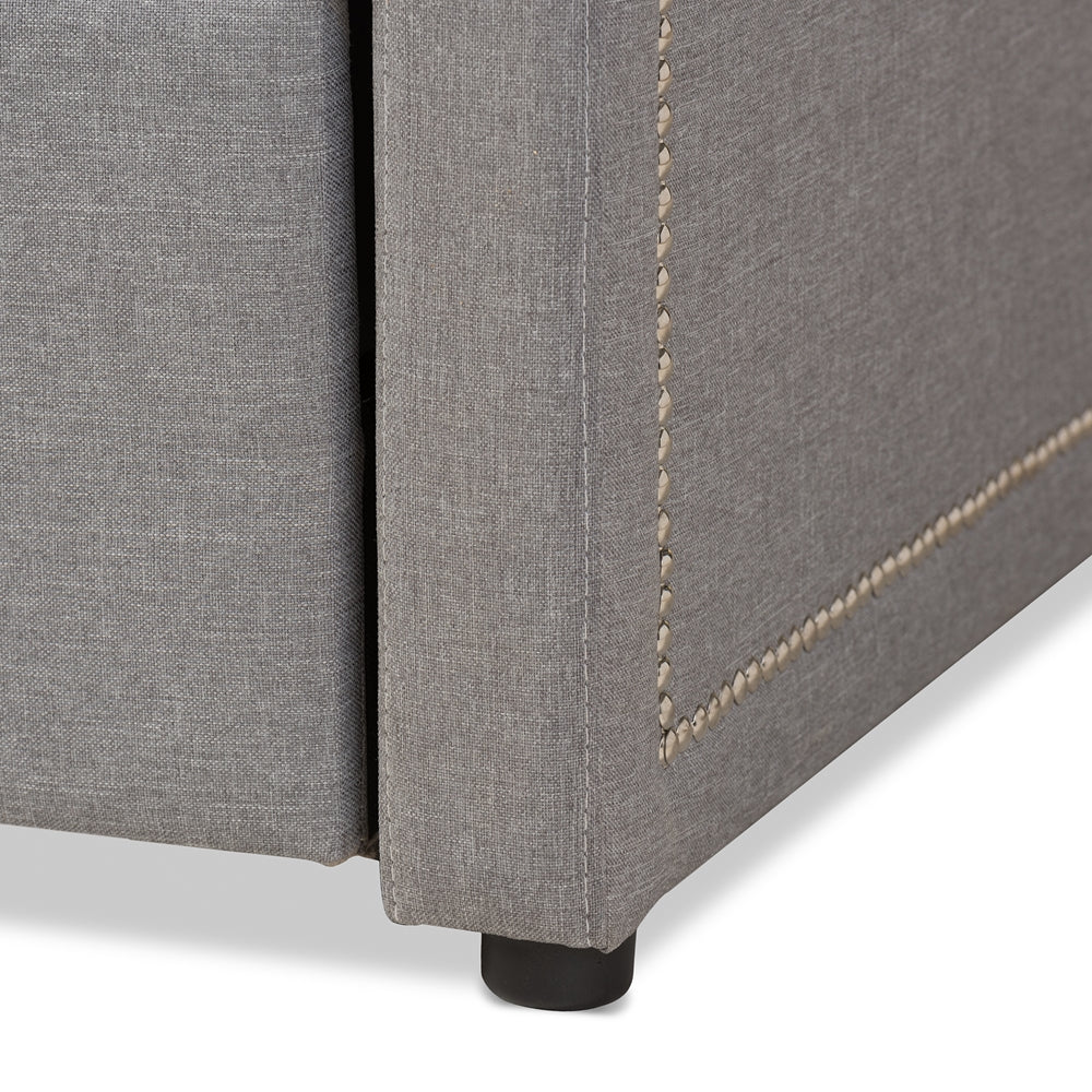 Raymond Twin Daybed Grey Fabric Nail Heads Trimmed with Trundle