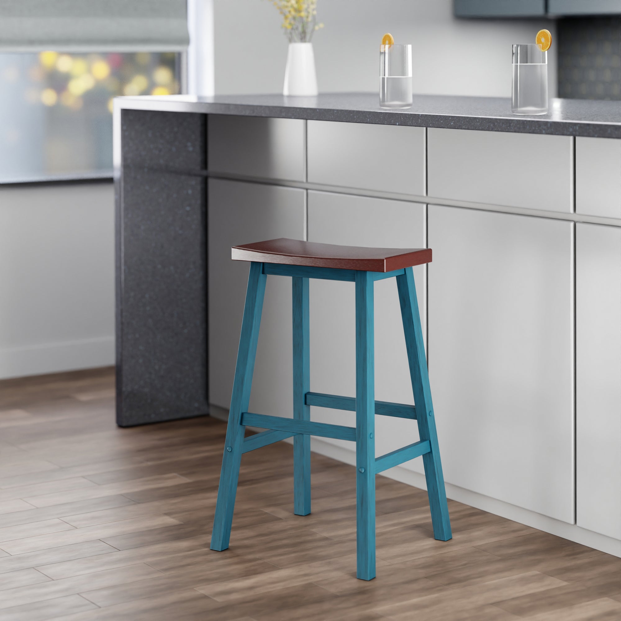 Satori Saddle Seat Bar Stool, Rustic Teal and Walnut