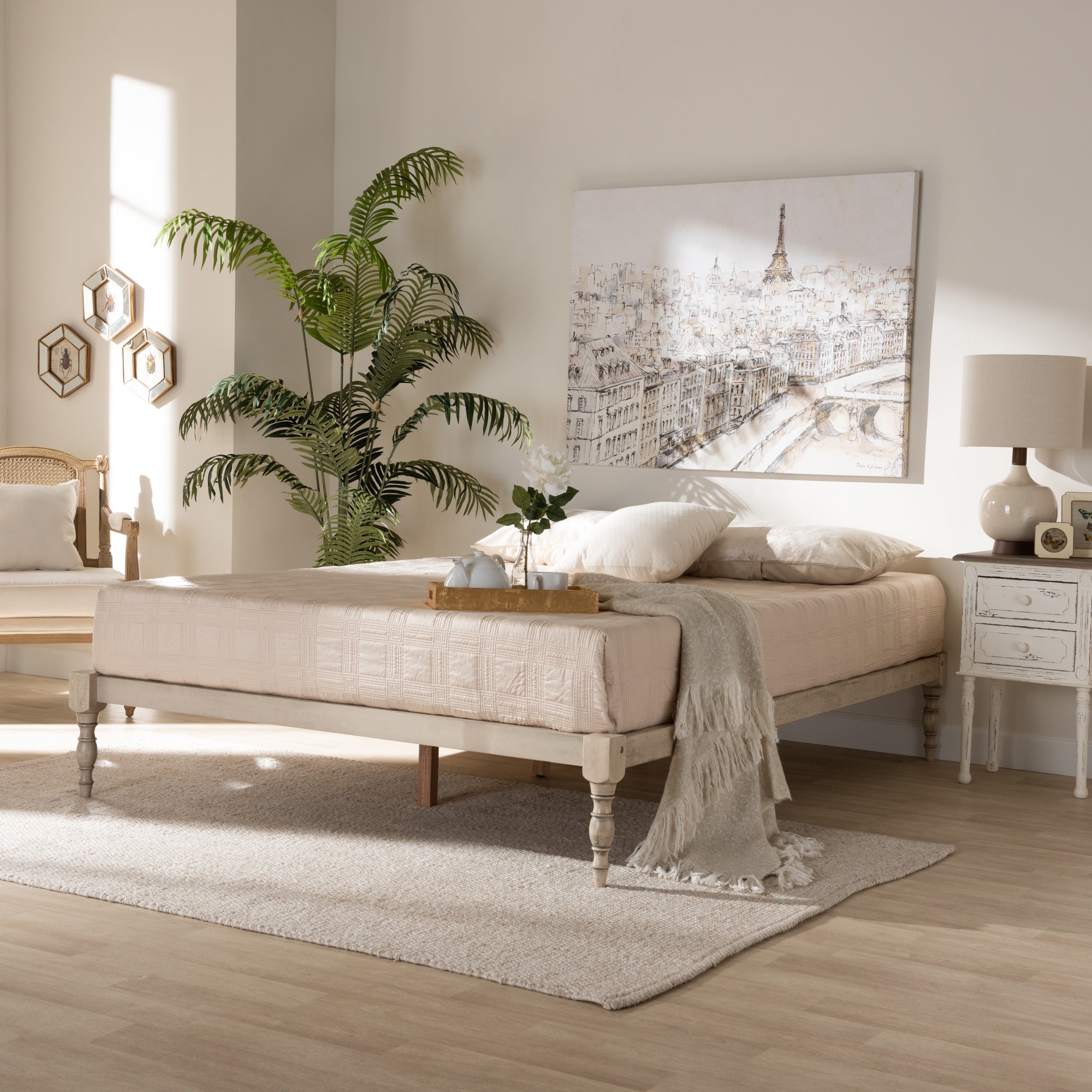 Iseline Modern and Contemporary Antique White Finished Wood King Size Platform Bed Frame