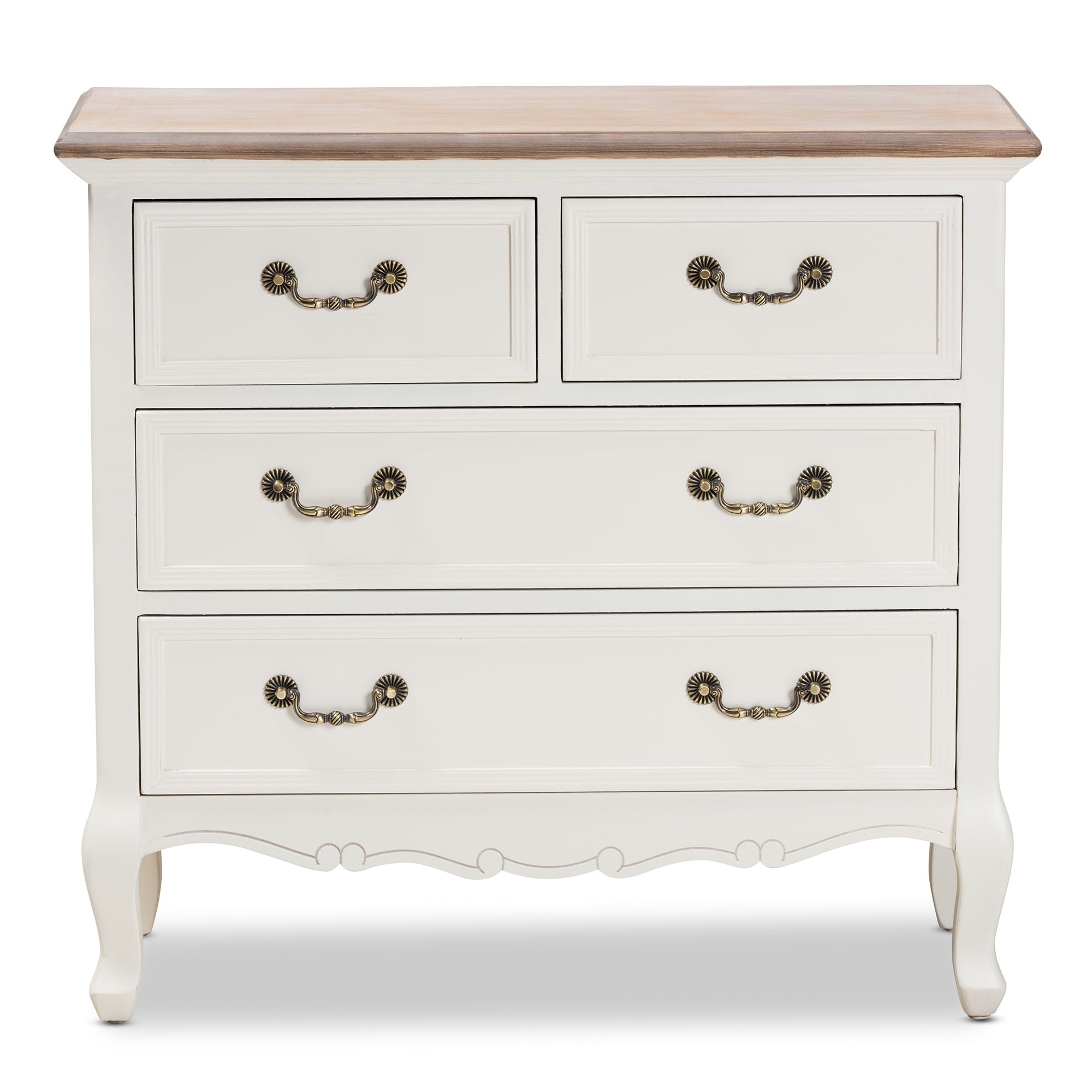 Amalie Antique French Country Cottage Two-Tone White and Oak Finished 4-Drawer Accent Storage Cabinet
