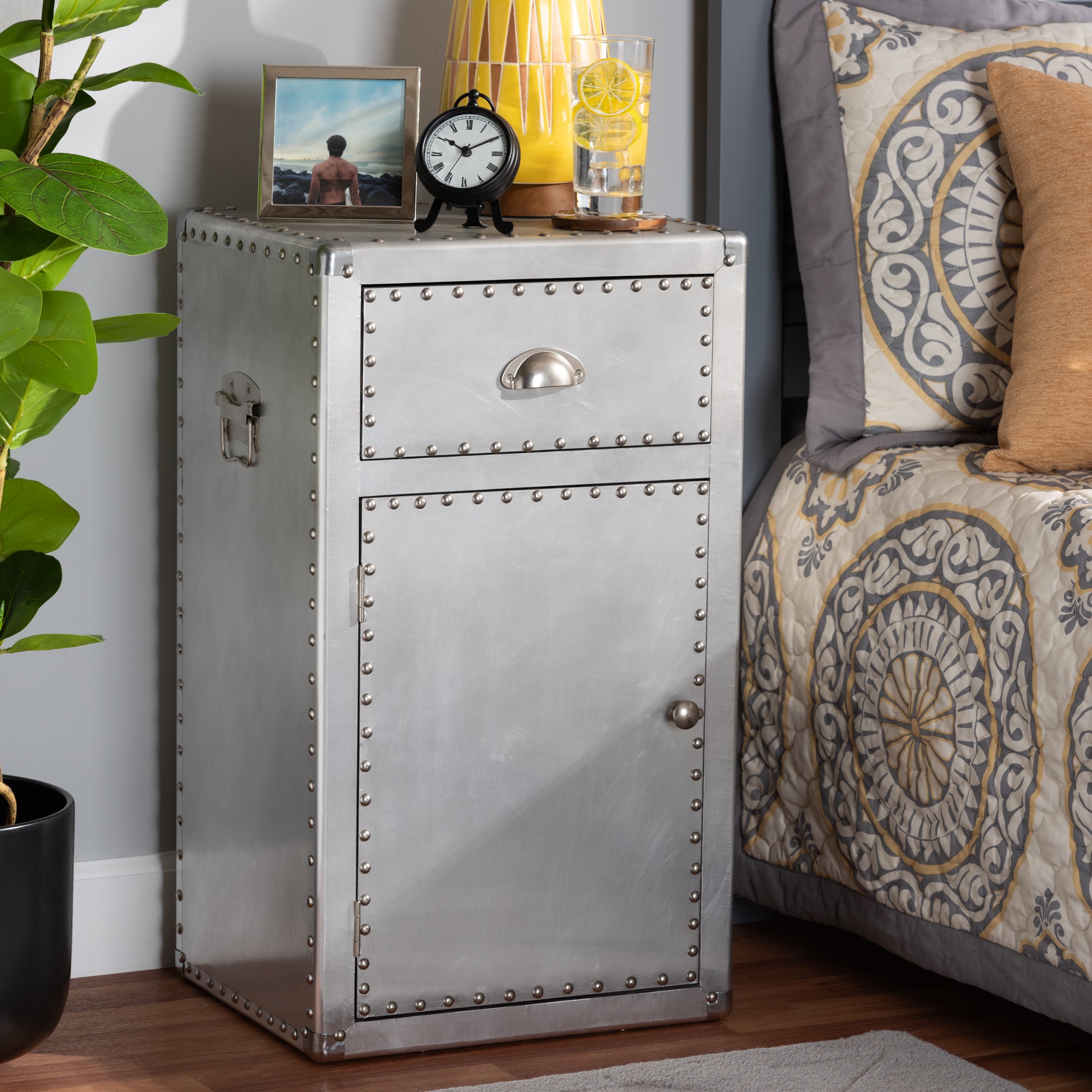 Serge French Industrial Silver Metal 1-Door Accent Storage Cabinet