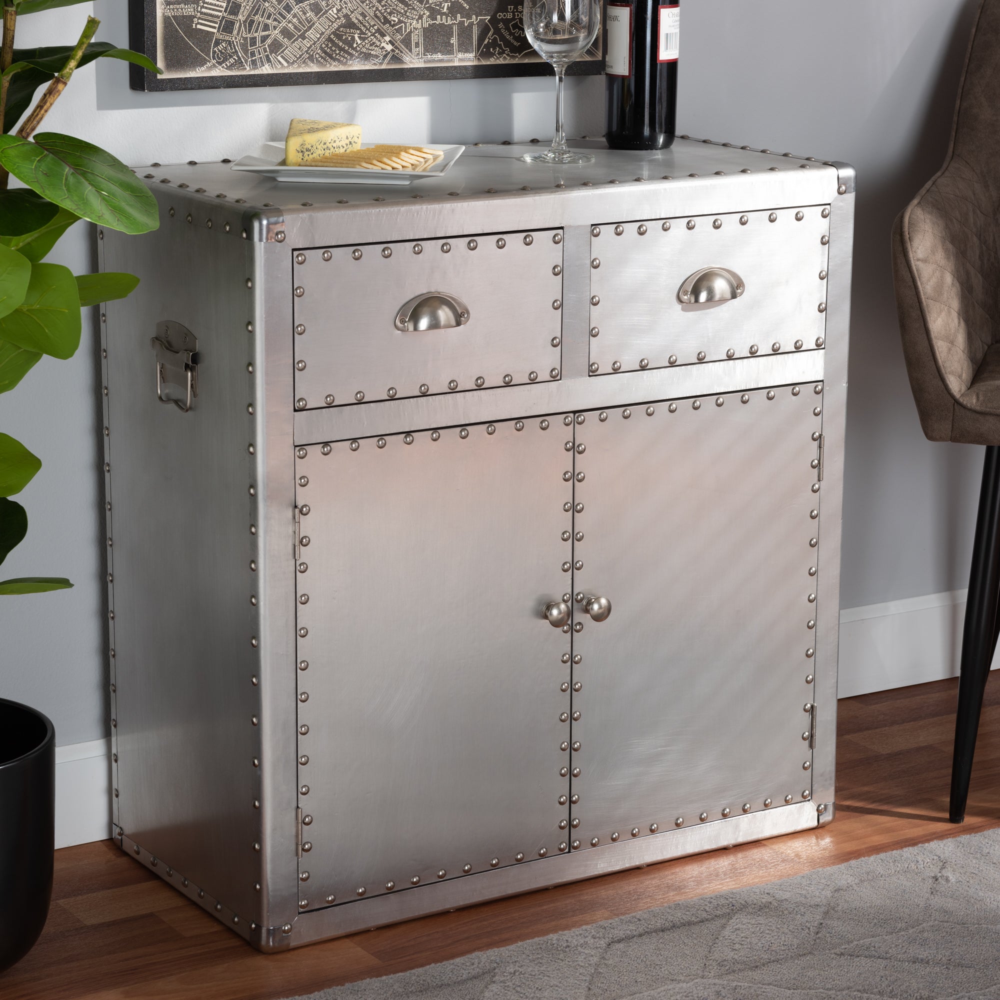 Serge French Industrial Silver Metal 2-Door Accent Storage Cabinet