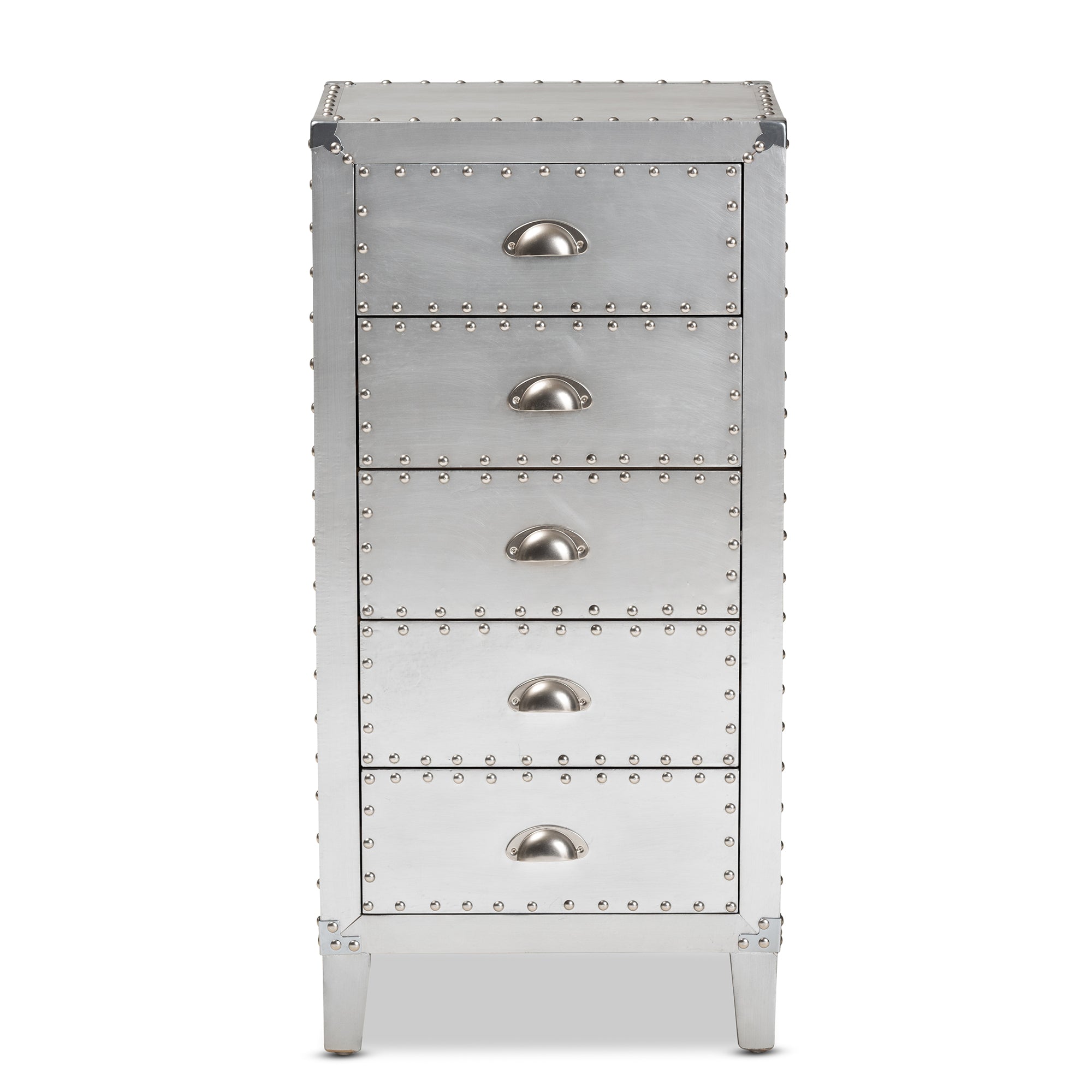 Carel French Industrial Silver Metal 5-Drawer Accent Storage Cabinet