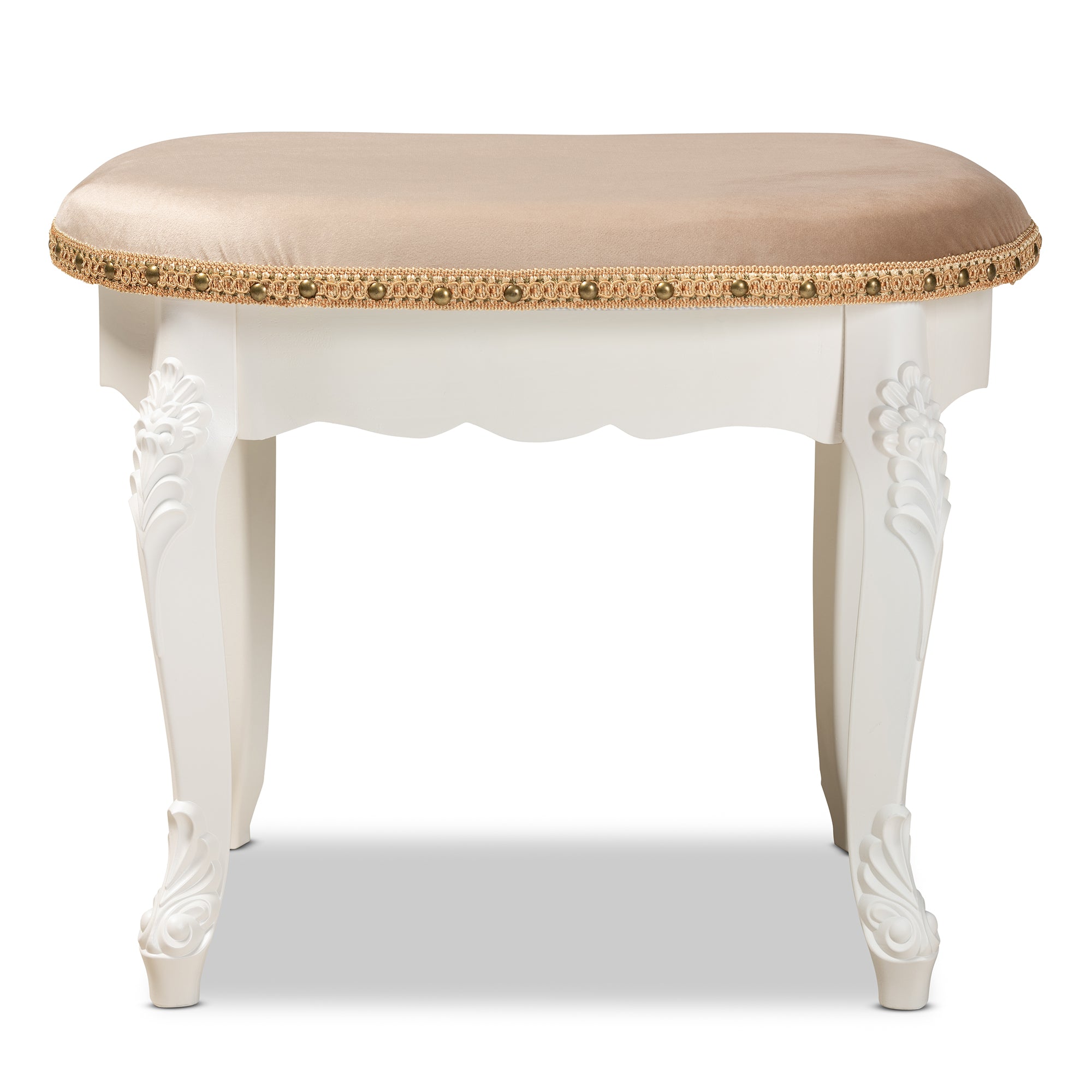 Gabrielle Traditional French Country Provincial Sand Velvet Fabric Upholstered White-Finished Wood Vanity Ottoman