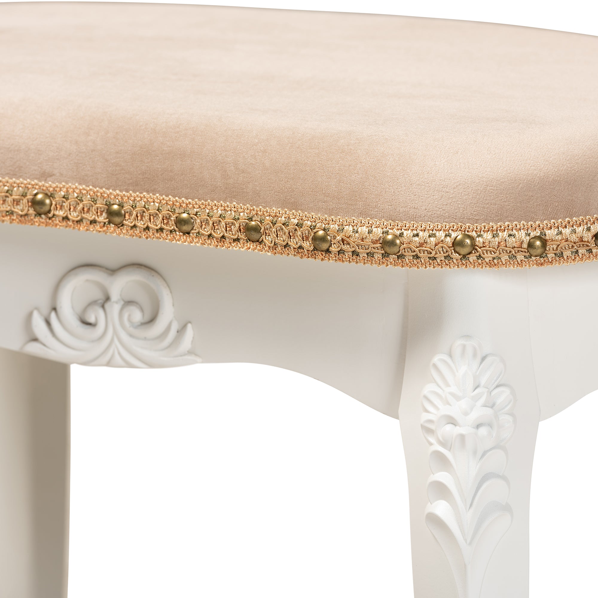 Gabrielle Traditional French Country Provincial Sand Velvet Fabric Upholstered White-Finished Wood Vanity Ottoman