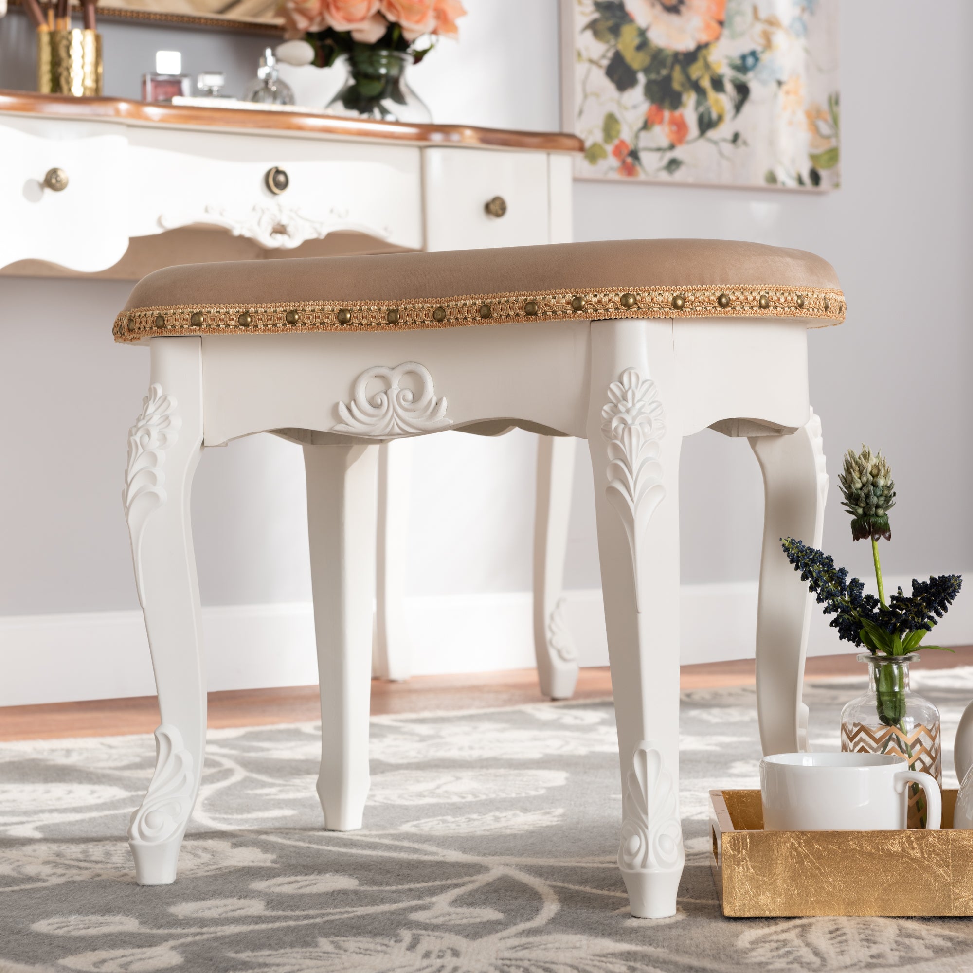 Gabrielle Traditional French Country Provincial Sand Velvet Fabric Upholstered White-Finished Wood Vanity Ottoman