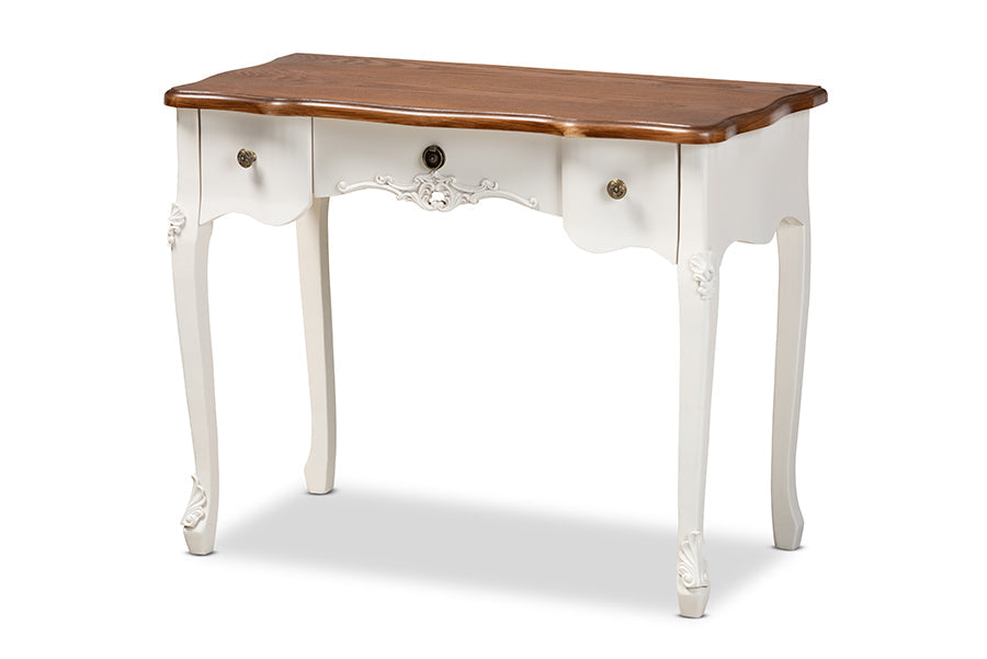 Sophie Classic Traditional French Country White and Brown Finished Small 3-Drawer Wood Console Table