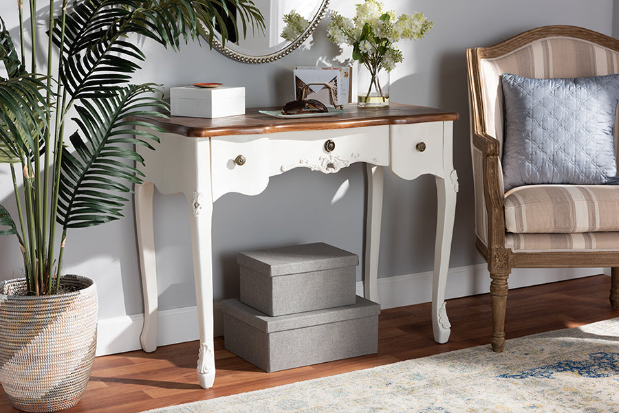 Sophie Classic Traditional French Country White and Brown Finished Small 3-Drawer Wood Console Table